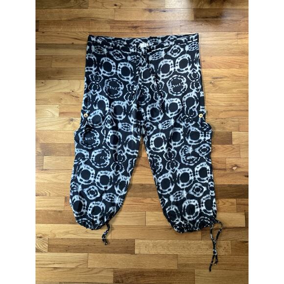 Da Nang Boho 100% Silk Elastic Drawstring Crop Cargo Pants Large Black White - Picture 1 of 7